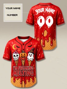 Custom Halloween Baseball Jersey Personalized Name Number Melting Ice Cream Pumpkin Ghost Button Down Shirts - Red - View 2