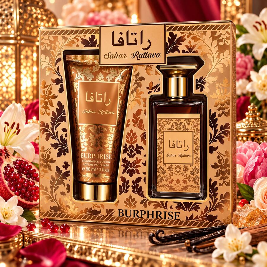 Khadlaj مجموعة هدايا عطر BURPHRISE FAKHAR RATTAVA باللون الوردي من قطعتين – عطر Eau De Parfum 100 مل + لوشن جسم معطر 88 مل – رائحة زهرية فاكهية، فكرة هدية - روائح متعددة - مشاهدة 1