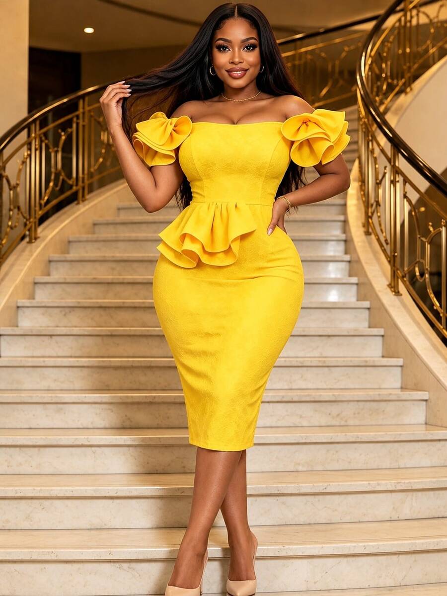 AOMEI Women's Elegant Yellow Off-Shoulder Mid-Length Fitted Dress, 3D Large Ruffle Floral Decor, Ruffle Waist, Wedding Guest Evening Gown