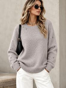 Women's Autumn/Winter Slouchy Round Neck Pullover Sweater, Solid Color Loose Long Sleeve Knit Top With Eyelet Rivet Decor, Soft Knit Daily Commute Top - Khaki - View 5