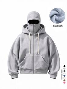 1 buah Sweatshirt Berkerudung dengan Resleting Penuh, Desain Tudung Ganda, Potongan Bahu Longgar dengan Saku Kanguru, Gaya High Street, Cocok untuk Streetwear, Perjalanan Sehari-hari, Sweatshirt Pria Musim Semi/Gugur, Hadiah untuk Pacar - Light Grey - View 1