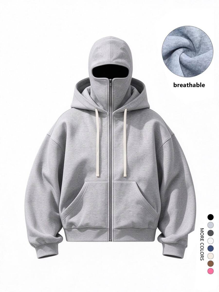 1 buah Sweatshirt Berkerudung dengan Resleting Penuh, Desain Tudung Ganda, Potongan Bahu Longgar dengan Saku Kanguru, Gaya High Street, Cocok untuk Streetwear, Perjalanan Sehari-hari, Sweatshirt Pria Musim Semi/Gugur, Hadiah untuk Pacar - Light Grey - View 1