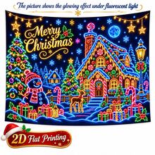 2D Flat Pattern, 1pc, Neon Color Gingerbread House Christmas Tapestry With Neon Lines And "Merry Christmas" Text Design, Glows Under Fluorescent Light, Suitable For Wall Decor, Backdrop Or Party Decoration - Multicolor - View 4
