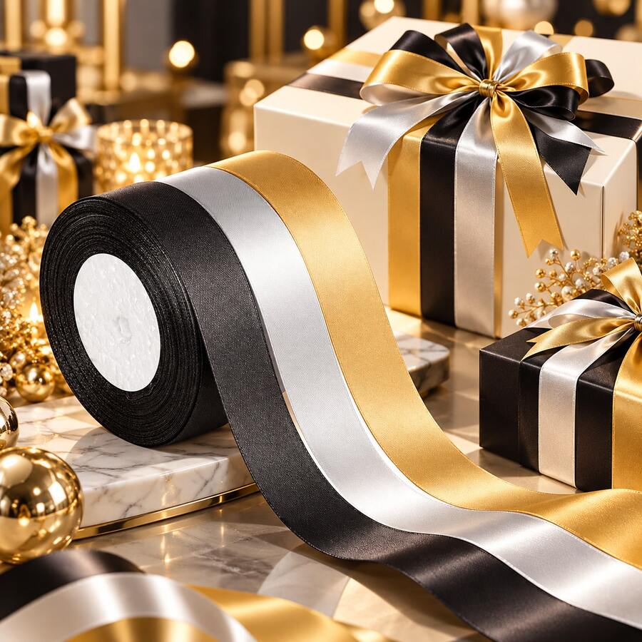 2.5cm Single-Sided Polyester Satin Ribbon, Black Gold Silver Premium Solid Color Satin Ribbon, Fine Glossy Texture, Durable And Resistant To Fraying, Suitable For Birthday Gift Boxes, Souvenir Packaging, Banquet Decoration, Handmade Hair Accessories, Gift Box Bow Making, Light Luxury Party Decoration Ribbon - Black and White Gold Ribbon - View 1