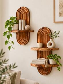 1pc Wall Mounted Shelf Arch Display Shelf Brown Floating Storage Rack Boho Minimalist Home Decor Organizer For Living Room Bedroom Entryway Office Plant Candle Photo Decoration Space Saving Wall Hanging Shelf - Wood Color - View 2