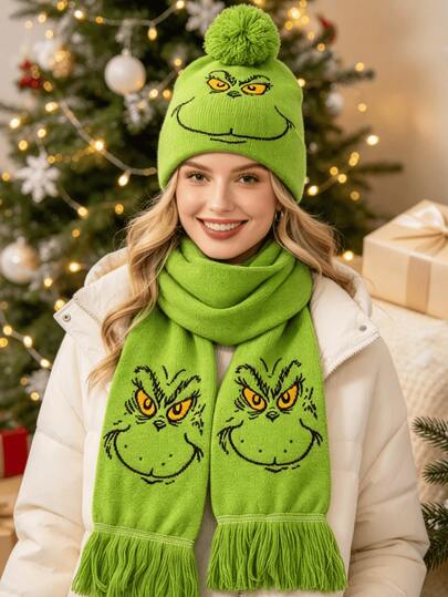 The Grinch 1pc Christmas Knit Hat/Scarf, Adult Universal Size, Soft Skin-Friendly Knit Material, Christmas Knit Hat Scarf Set, Winter Holiday Wear Set, Suitable For Winter Christmas Holiday Outfit, Party Cosplay, Holiday Gift Giving, Outdoor Warmth