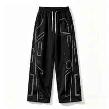 Modern Abstract Line Print Drawstring Elastic Waist Loose Wide Leg Sweatpants, Minimalist Urban Street Style Casual Sports Long Pants - Black - View 3