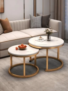 طاولة قهوة دائرية متداخلة من قطعتين، موفرة للمساحة بتصميم متداخل، سطح بمظهر الرخام وإطار معدني ذهبي، يمكن فصلها أو دمجها بحرية، سطح ناعم وسهل التنظيف لغرفة المعيشة والشقة والنوم، لعشاق ديكور المنزل الحديث والأسر ذات المساحات الصغيرة - متعدد الألوان - مشاهدة 1
