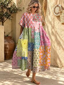 Bohemian Vacation Casual Patchwork Floral Print Loose Dress Women Spring Summer Holiday Wear Print Pattern Pocket Design Print Patchwork Elegant - Multicolor - View 3