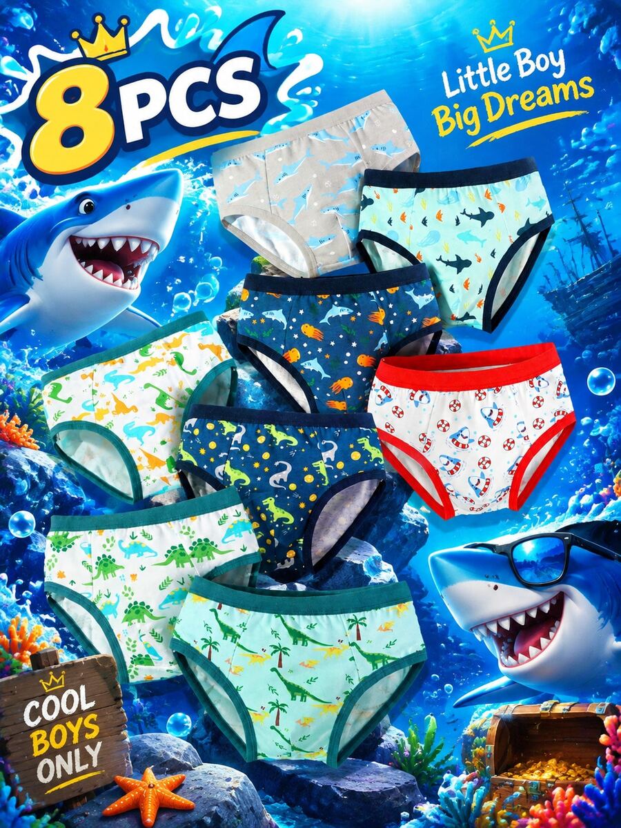 8pcs Boys Cartoon Astronaut Dinosaur Print Triangle Underwear, Soft Comfortable All Season Multi-Color Big Boys Underwear - Multicolor - View 1