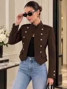 Women's Double-Breasted Napoleon Military Style Open Front Jacket - Chocolate Brown - View 2