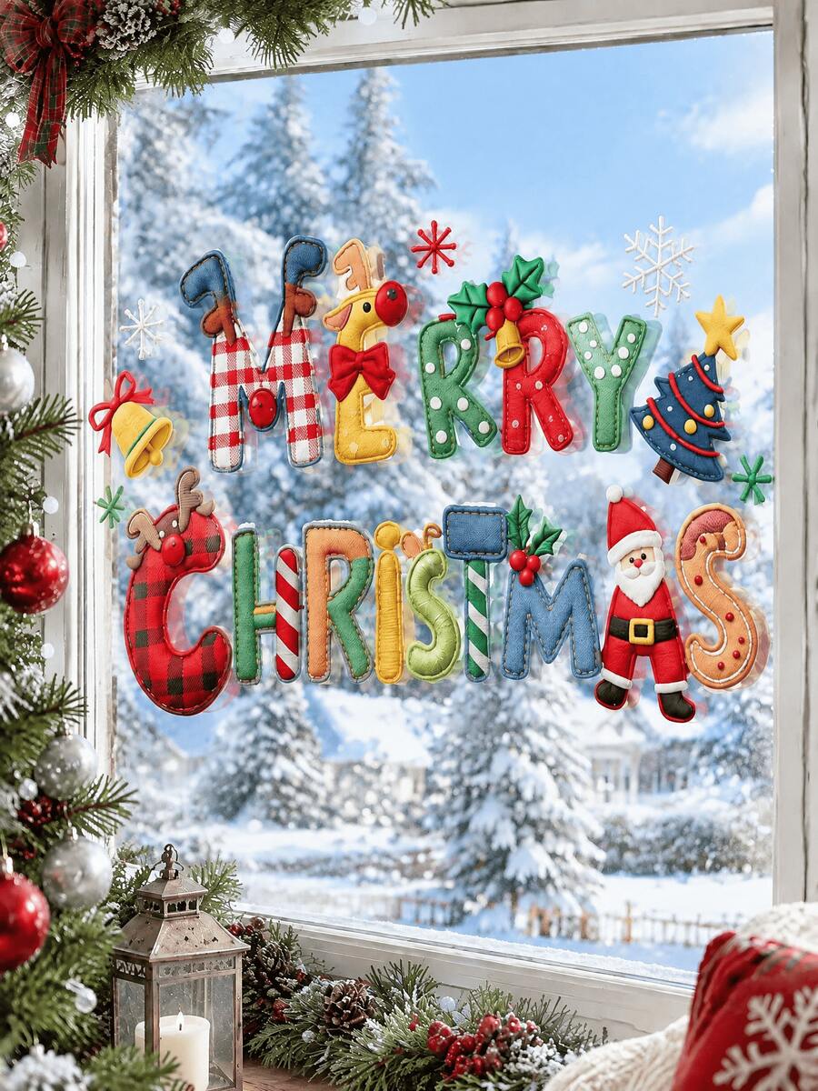 1 Set Christmas Window Stickers, Merry Christmas Letter Window Decals, Featuring Santa Claus, Snowman, Reindeer, Christmas Tree And Snowflake Patterns, Holiday Home Party Glass Door Decoration Stickers, Winter Decor - Letter Design - View 1
