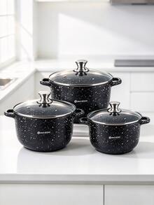 6Pcs Non-Stick Deep Stock Pot Set With Glass Lids, Black Speckled Marble Coating Cooking Pot, Double Handle Soup Stew Pot,Durable,Easy To Clean,Kitchen Cookware, Induction Compatible Cookware Set For Home Kitchen, Gas & Electric Stove - View 4