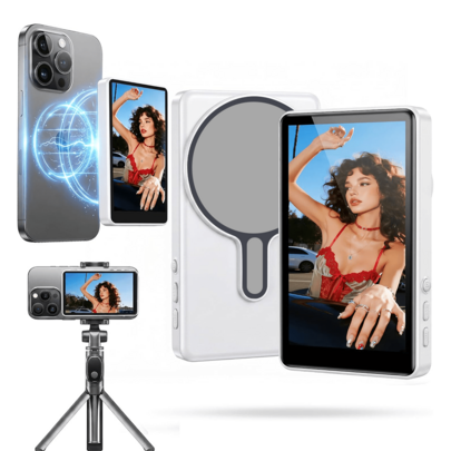 Pantalla de monitor para selfie de vlog para la serie 17 y teléfonos Android, accesorio magnético inalámbrico con altavoz incorporado, compatible con resolución 4K/1080P de alta definición, incluye control remoto, adecuado para transmisión en vivo y grabación de vlogs