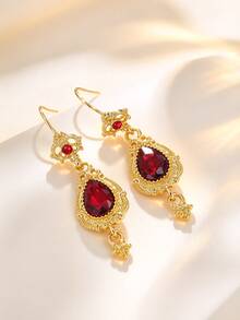 Retro Gothic Red Rhinestone Waterdrop Drop Gold Color Earrings Vintage Statement Jewelry For Women Party Wedding Accessories Banquet Jewelry Gifts - Earrings - View 5