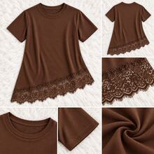 Camiseta Feminina de Cor Sólida com Gola Redonda, Manga Curta e Barra de Renda, Estilo Fashion - Castanho - Visão 10
