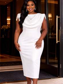 Plus Size Women's White Elegant Fitted Mid-Length Backless Dress With Draped Turtleneck Design Fall Wedding - White - View 1