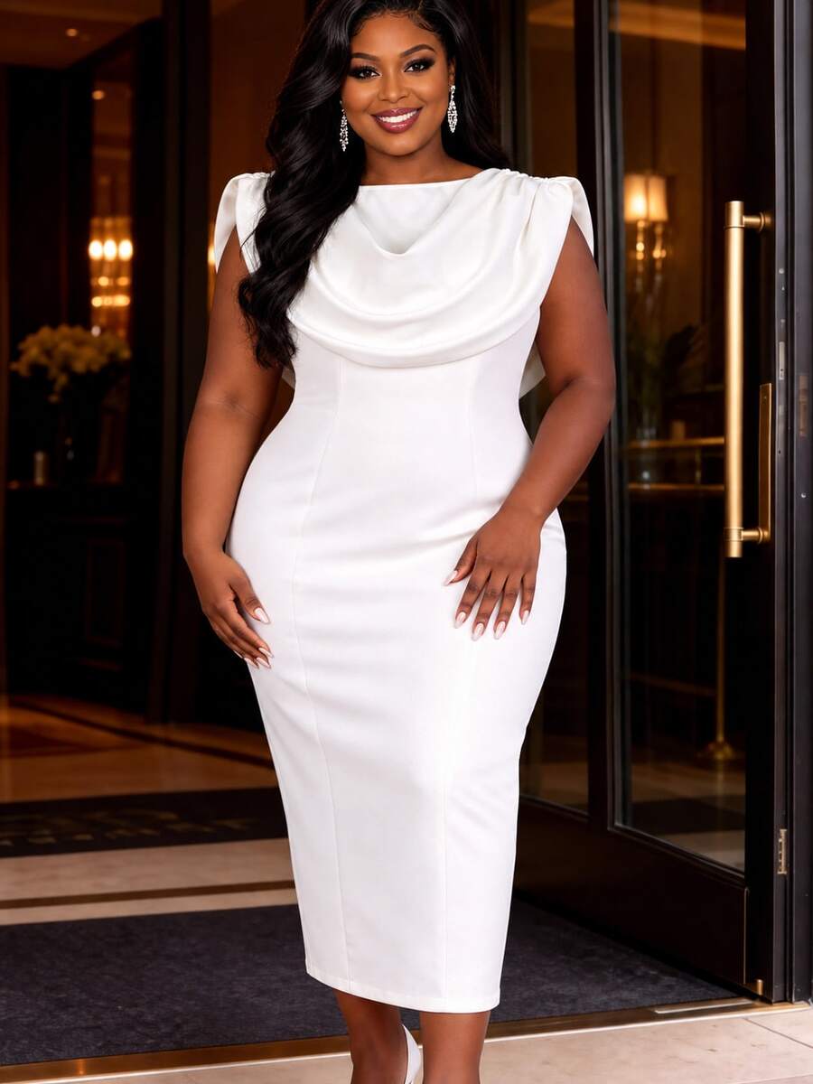 Plus Size Women's White Elegant Fitted Mid-Length Backless Dress With Draped Turtleneck Design Fall Wedding - White - View 1