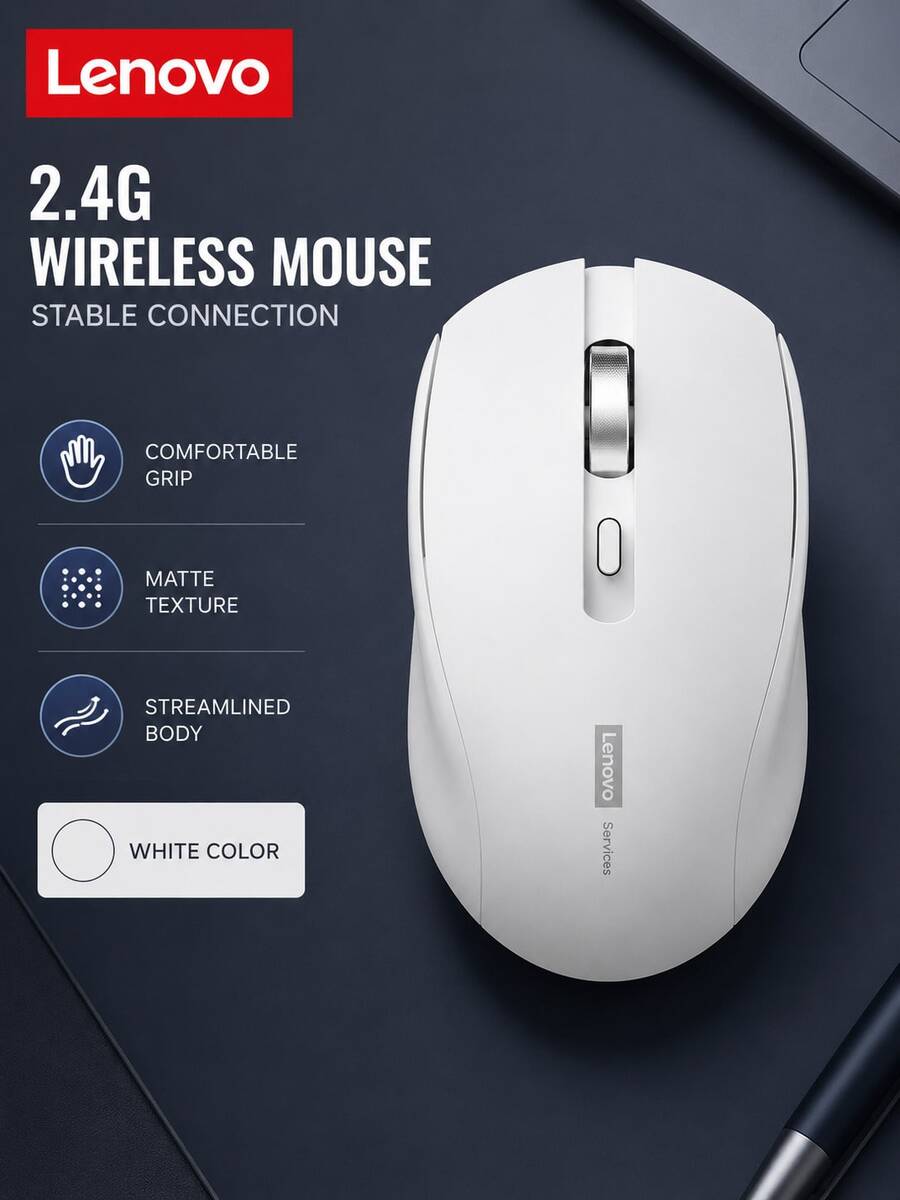 Lenovo N220 無線滑鼠，2.4G USB 無線滑鼠，靜音點擊，可調 1000/1200/1600 DPI，輕量便攜人體工學滑鼠，適用於筆記型電腦、桌上型電腦、辦公室、居家、學習和日常使用