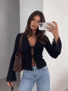Women's Spring Autumn Winter Black Knit Long Sleeve Top, French Elegant Pure Desire Style Lace V-Neck Bowknot Tie-Up Blouse, Ruffle Flare Sleeve Slim Fit Flattering Cardigan - Black - View 2