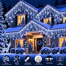 CHIGO أضواء سلسلة الجليد الخارجية 13.5 متر 300 LED، وميض أبيض بارد، 4 ألوان، مقاومة للماء IP44، أضواء ستارة قابلة للتوصيل، كابل سميك، أضواء عيد الميلاد القابلة للتوصيل للحديقة والمنزل والزفاف والحفلات وديكور العطلات - الضوء الابيض - مشاهدة 2