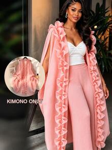 AOMEI Elegant Women's Soft Pink Loose Tulle Sheer Kimono Dress With Ruffle Front Opening And Drawstring Design, Wedding Guest Party Dress - Baby Pink - View 2