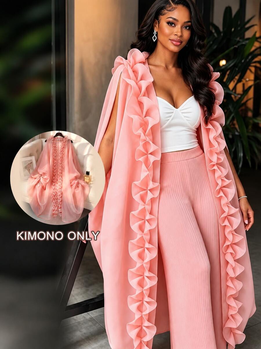 AOMEI Elegant Women's Soft Pink Loose Tulle Sheer Kimono Dress With Ruffle Front Opening And Drawstring Design, Wedding Guest Party Dress