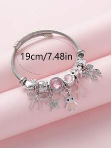 1pc Silver Adjustable Pendant Bracelet With Pink Crystal, Rabbit, Bow And Star Charms, Cute Daily Jewelry Gift For Women - Multicolor - View 4