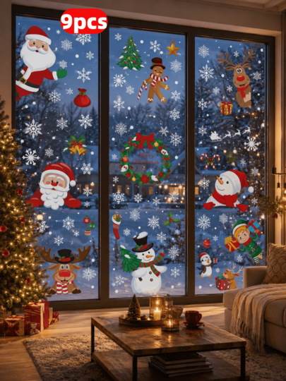 9pcs/Set Christmas Decoration Christmas Tree Shopping Mall Window Flower Store Window Display Glass Transparent Sticker