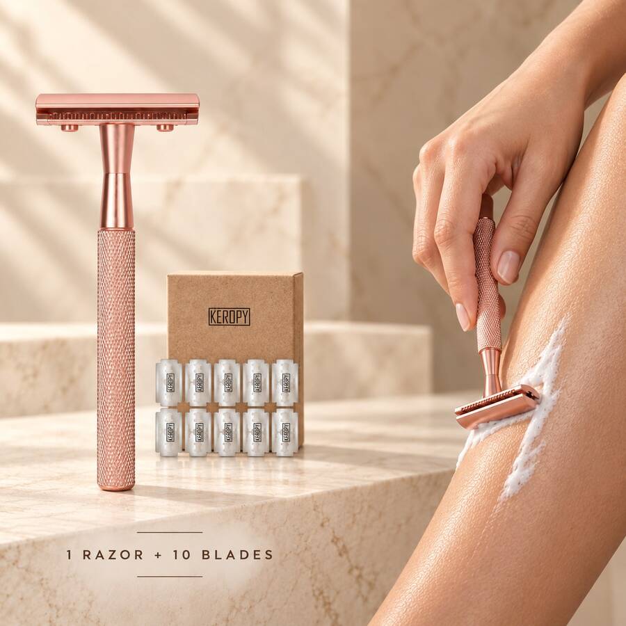 KEROPY Rose Gold Color Safety Razor Set With 10 Replacement Blades, Double Edge Manual Razor With Textured Handle For Women & Men - Multicolor - View 1