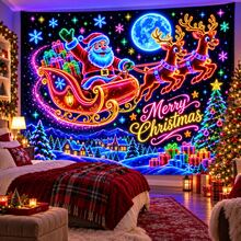 2D Flat Pattern, 1pc, Christmas Sleigh Tapestry, Neon Santa Claus And Reindeer Sleigh Design, Glows Under Fluorescent Light, Suitable For Wall Decor, Backdrop Or Party Decoration - Multicolor - View 1