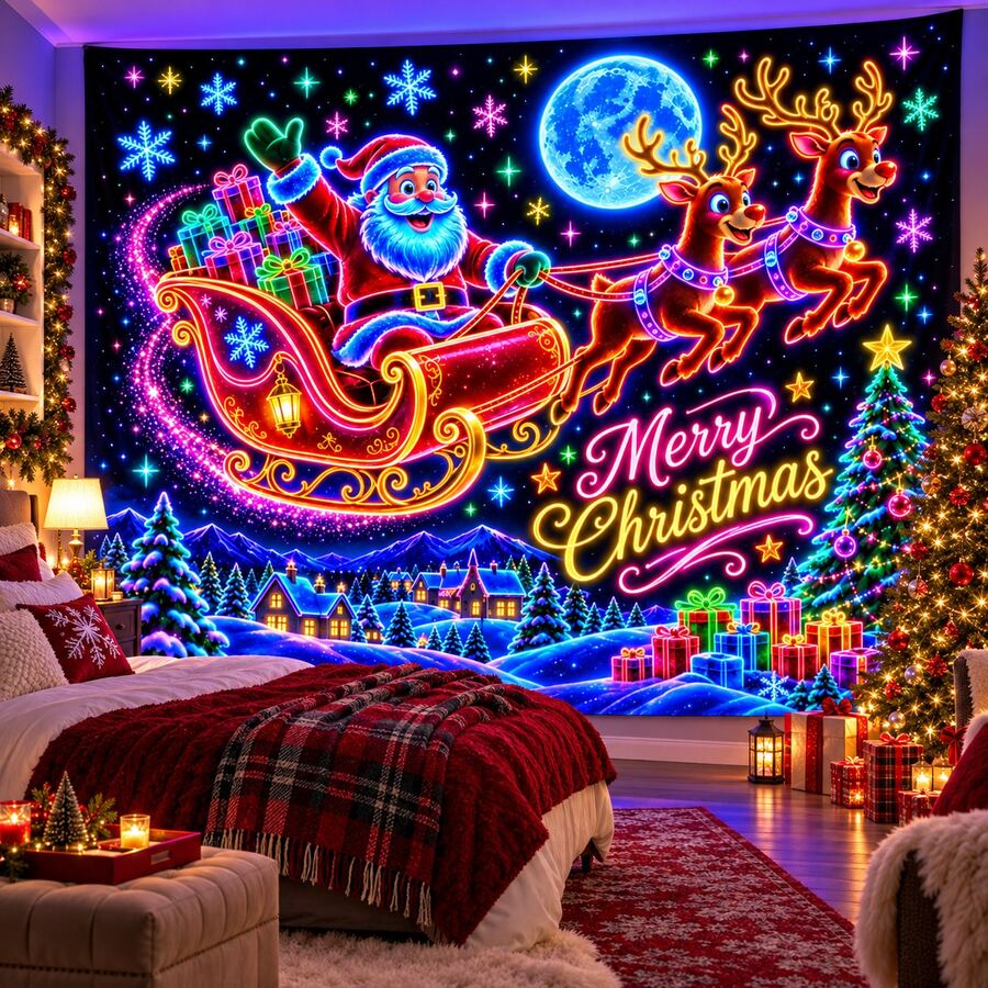 2D Flat Pattern, 1pc, Christmas Sleigh Tapestry, Neon Santa Claus And Reindeer Sleigh Design, Glows Under Fluorescent Light, Suitable For Wall Decor, Backdrop Or Party Decoration - Multicolor - View 1