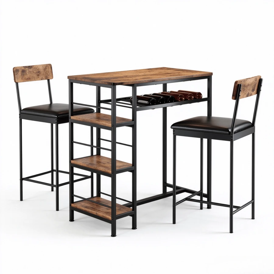 Desayunador para 2 Personas, Juego de Mesa de Comedor Cuadrada con 2 Taburetes y Portabotellas Integrado, Mesa Bar Compacta de 74 x 74 x 76, Estructura de Metal Negro y Tablero de Madera Vintage, para Cocina, Comedor y Departamento Pequeño - Marrón - Ver 1