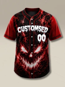 Custom Halloween Baseball Jersey Personalized Team Name Number Red Lightning Evil Face Print Button Down Shirts - Red - View 2