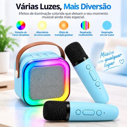Caixa de som Bluetooth K12, com 2 microfones sem fio, luzes LED RGB, alça de couro, máquina de karaokê portátil recarregável. Ideal para casa, festas, Natal, Ano Novo, Dia das Mães e como presente. Cor enviada aleatoriamente.