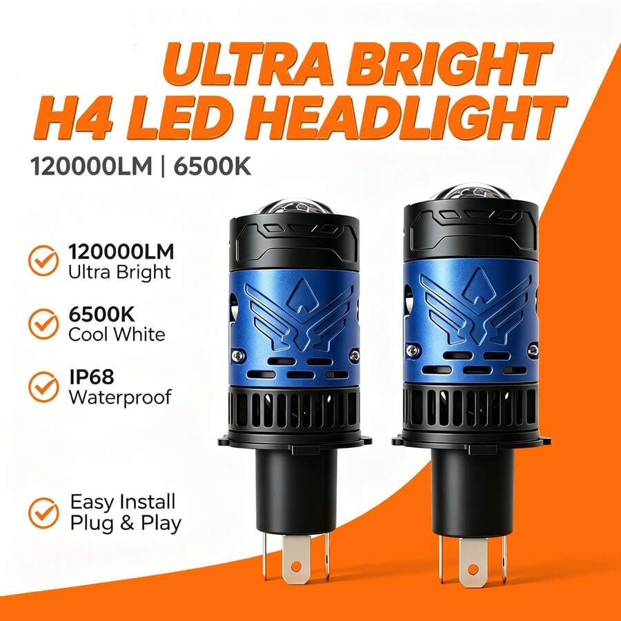 Heyword 2件/1件裝 迷你雙光 LED 高亮度聚焦式摩托車大燈 H4 通用 - 6000K 冷白光 - 查看 1
