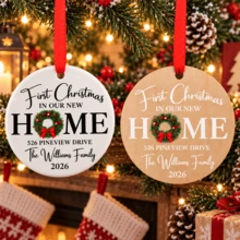 Custom Round First Christmas New Home Ornament, Elegant Wreath Family Name Decor, Personalized Address & 2026 Christmas Tree Decorations, Customized Text Wall Hanging For Holiday Party Supplies, Customizable Housewarming Keepsake Christmas Gift - Style C - View 4