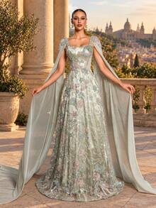 GIFORU Mint Green Floral Decor Mermaid Wedding Dress, Square Neck 3D Floral Sleeve Design Cathedral Train Red Carpet Formal Evening Gown Vacation Party Fall - Grass Green - View 2