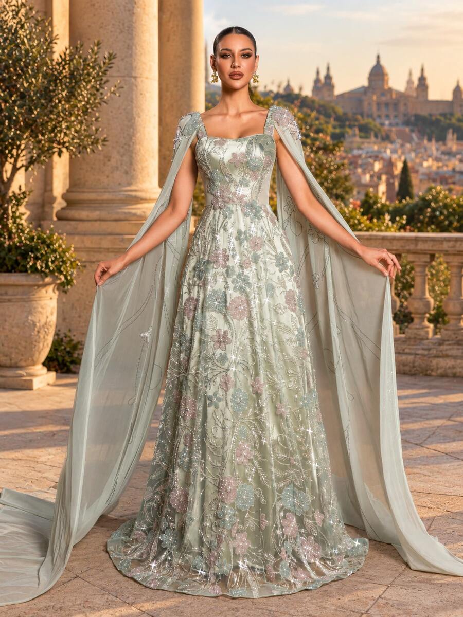 GIFORU Mint Green Floral Decor Mermaid Wedding Dress, Square Neck 3D Floral Sleeve Design Cathedral Train Red Carpet Formal Evening Gown Vacation Party Fall - Grass Green - View 1