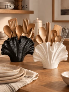 1pc Wabi-Sabi Style Ginkgo Leaf Tableware Storage Rack, Black Spotted White Multi-Compartment Utensil Holder, Large Capacity Chopsticks Spoon Fork Storage Bucket, Rustic Farmhouse Kitchen Countertop Decor Gift - Ins-style Tableware Organizer - View 9