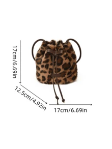 1pc Girls Leopard Print Plush Drawstring Closure Vintage Crossbody Bag Suitable For All Seasons Daily Use - A - View 3