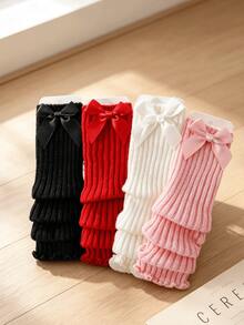 4 Pairs Girls Satin Big Bow Ribbed Ruffle Leg Warmers, Elastic Knit Leg Covers, Soft Skin-Friendly Princess Dress Accessories, Versatile Daily Holiday Party Baby Decorative Leg Warmers - Multicolor - View 5