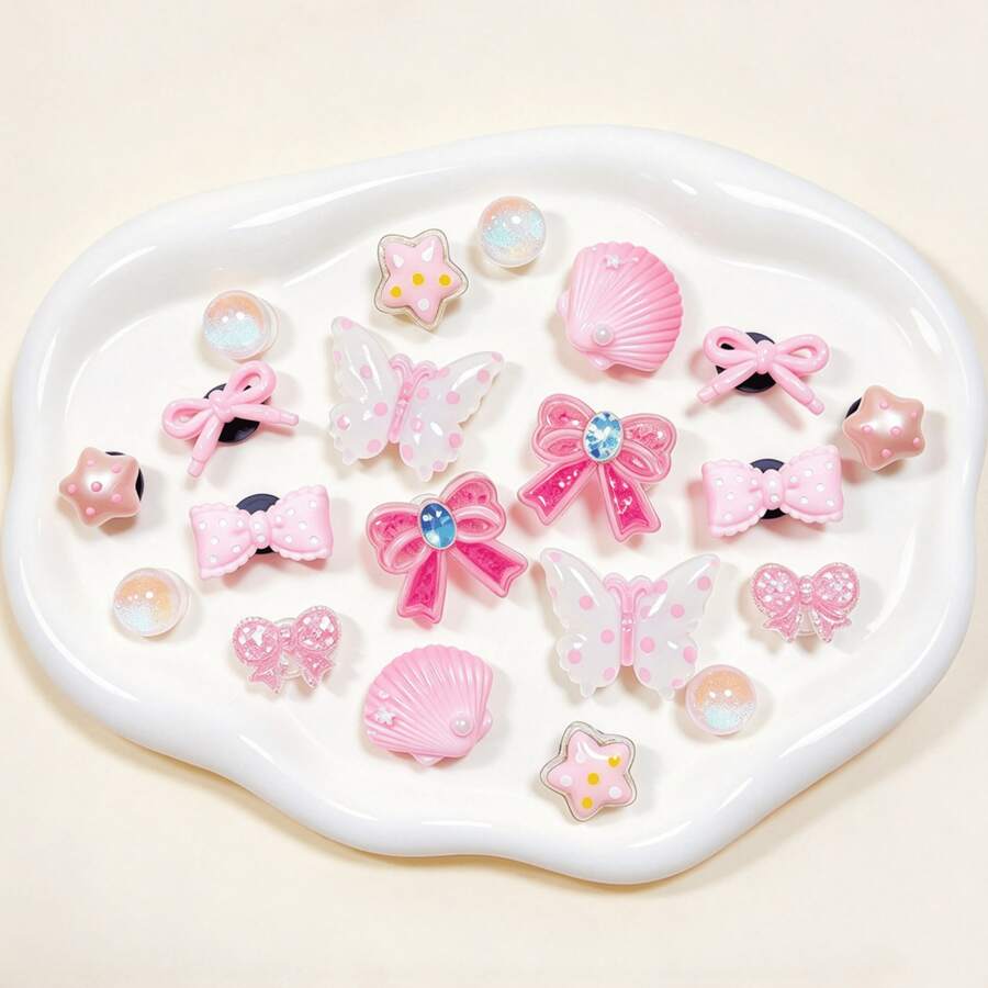 20pcs Pink Flower Pearl Chain Shoe Charms, DIY Decoration Accessories For Perforated Slippers, Perfect Birthday Party Holiday Gift Choice