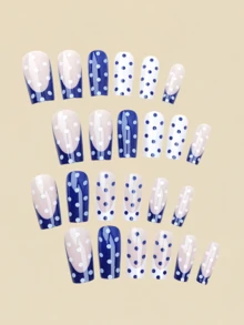 24片深藍色與白色對比波點假指甲，混色圓形圖案美甲，適合女性日常與派對穿著 - 藍白色 - 查看 2