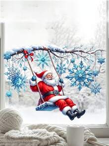 1pc Santa Claus Swinging Static Glass Sticker, Glass Decal, Double-Sided Visible Reusable Sticker, Ice Snowflake Frost Branch Pattern, Christmas Decoration, Suitable For Kitchen, Boutique, Store Display Window, Indoor And Outdoor Christmas Holiday Decor - one-size - View 3
