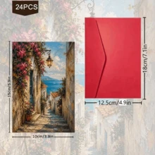 24pcs+A Red Envelope Romantic Holiday Postcards, Exquisite Landscape Patterns With Blessing Text, Suitable For Friends, Seasonal Greetings, Artistic Oil Painting Style - Sets - View 2