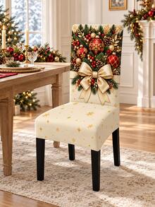 Christmas Chair Cover, Gold Bow And Christmas Ball Print Chair Back Cover, Luxury Holiday Dining Room Home Decor Chair Protector - Multicolor - View 14