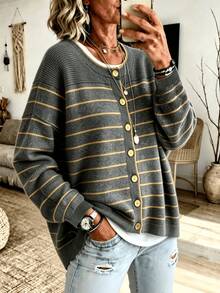 Plus Size 2026 New Striped Knit Cardigan, Long Sleeve Wooden Button Front Sweater Jacket, Casual Loose Fit Top, Suitable For Autumn/Winter Daily Wear - Dark Grey - View 2