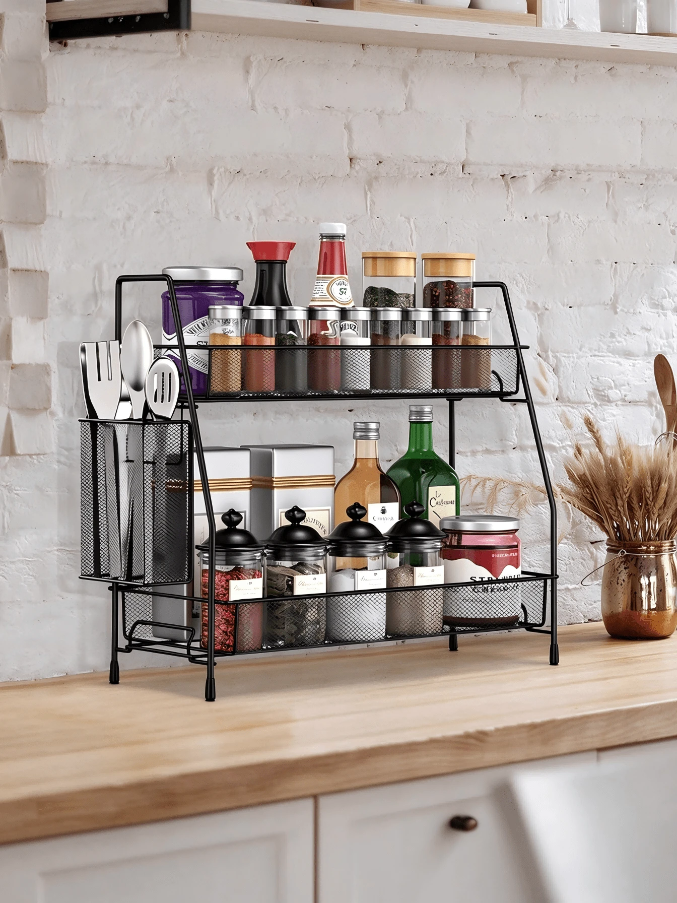 2‑Tier Countertop Spice Rack With Side Utensil Holder, Metal Mesh Space‑Saving Freestanding Organizer For Kitchen, Bathroom, Dressing Table, For Home Cooks & Householders Store Seasoning, Skincare, Cosmetics - Multicolor - View 1