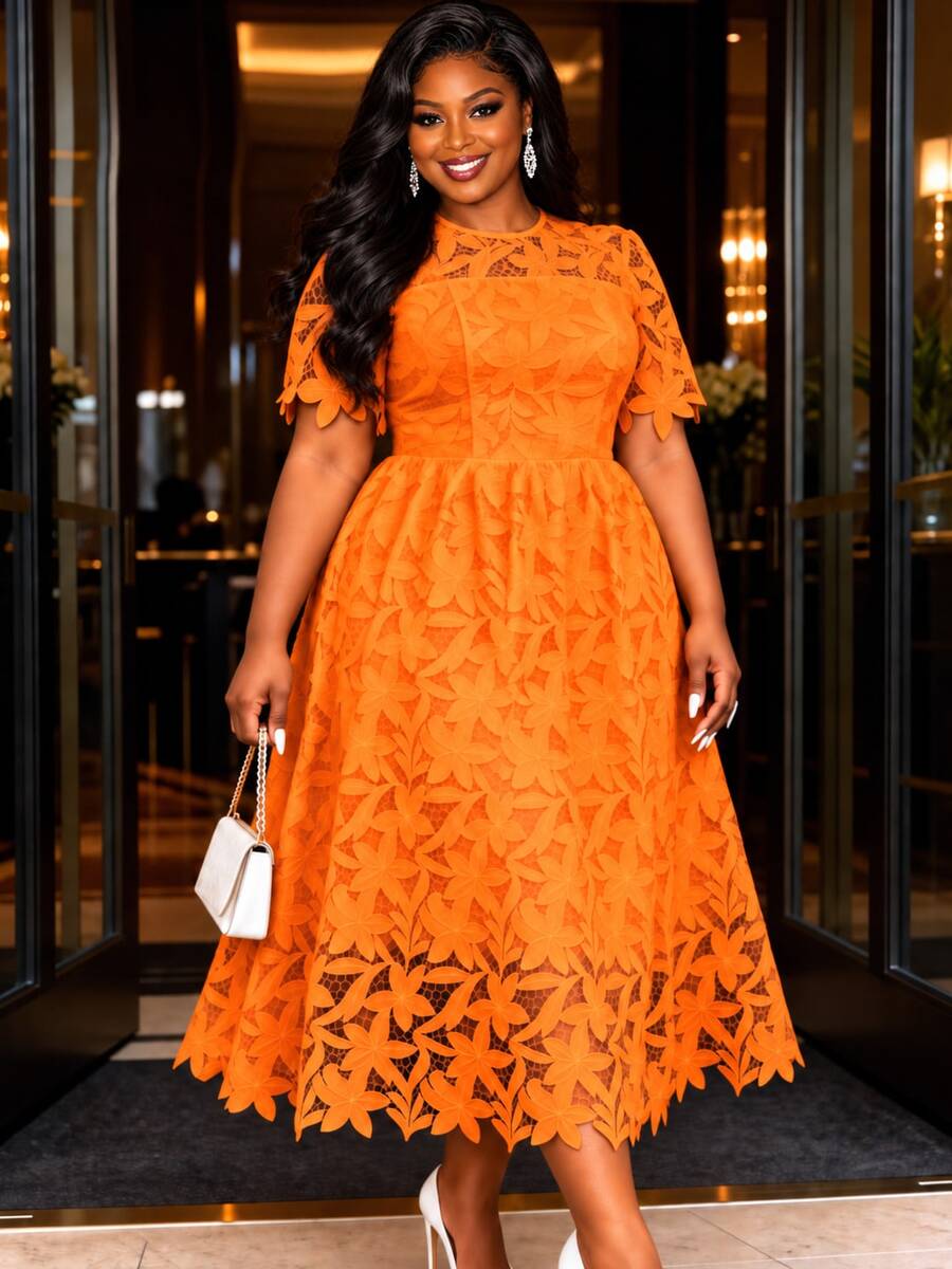Plus Size Orange Summer Women's Hollow Lace Floral Elegant A-Line Dress, Party & Wedding Style Fall